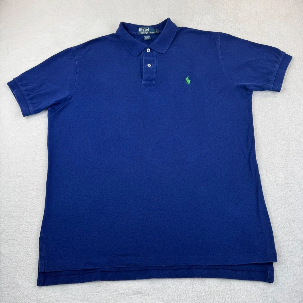 Polo Ralph Lauren Polo Shirt Mens L Blue Lime Green Pony Short Slv Pique Cotton